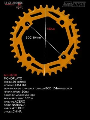 ALU.8720 DISCO/PLATO 36T ACERO MONOPLATO NARANJA MOD.QUATTRO ATL BIKE