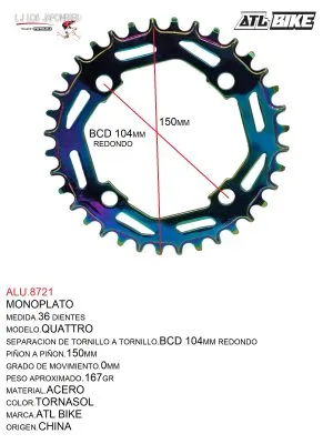 ALU.8721 DISCO/PLATO 36T ACERO MONOPLATO TORNASOL MOD.QUATTRO ATL BIKE
