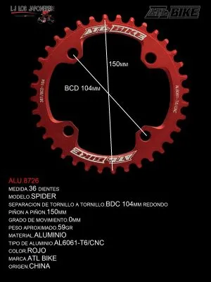 ALU.8726 DISCO/PLATO 36T ALUMINIO MONOPLATO ROJO MOD. SPIDER MARCA ATL BIKE