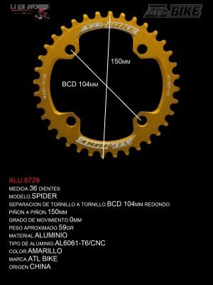 DISCO/PLATO  36T ALUMINIO MONOPLATO AMARILLO  MOD. SPIDER MARCA  ATL BIKE