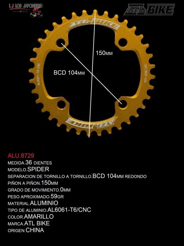 ALU.8729 DISCO/PLATO 36T ALUMINIO MONOPLATO AMARILLO MOD. SPIDER MARCA ATL BIKE