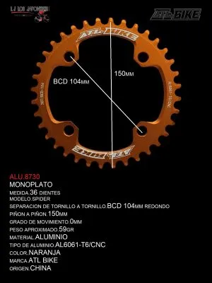 DISCO/PLATO  36T ALUMINIO MONOPLATO NARANJA  MOD. SPIDER MARCA  ATL BIKE