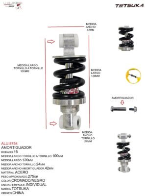 ALU.8754-1.jpeg AMORTIGUADOR 16 SUSPENSION 100MM PESO 275GR CROMADO/NEGRO TOTSUKA