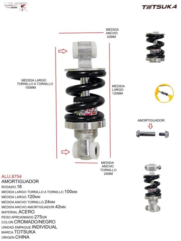 AMORTIGUADOR 16 SUSPENSION 100MM PESO 275GR CROMADO/NEGRO TOTSUKA