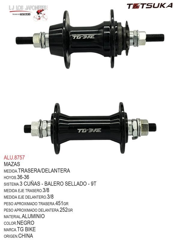 ALU.8757 MAZA CASSETTE 36-36 BMX 3/8 MM-9T BALERO SELLADO ALUMINIO TG BIKE NEGRO PAR