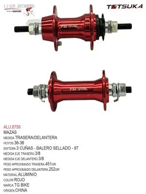MAZA CASSETTE 36-36 BMX  3/8 MM-9T BALERO SELLADO ALUMINIO TG BIKE  ROJO  PAR