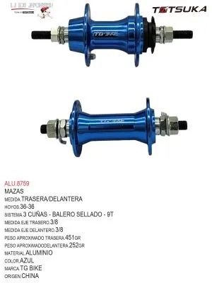 MAZA CASSETTE 36-36 BMX  3/8 MM-9T BALERO SELLADO ALUMINIO TG BIKE  AZUL  PAR