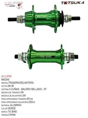 MAZA CASSETTE 36-36 BMX  3/8 MM-9T BALERO SELLADO ALUMINIO TG BIKE  VERDE   PAR