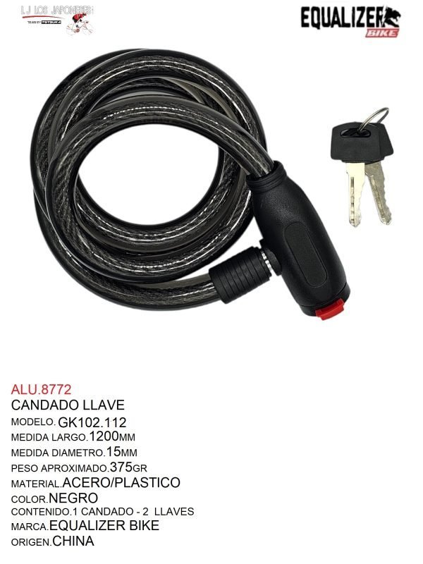 CANDADO LLAVE C/FORRO 15X1200MM MODELO GK102.112 EQUALIZER BIKE