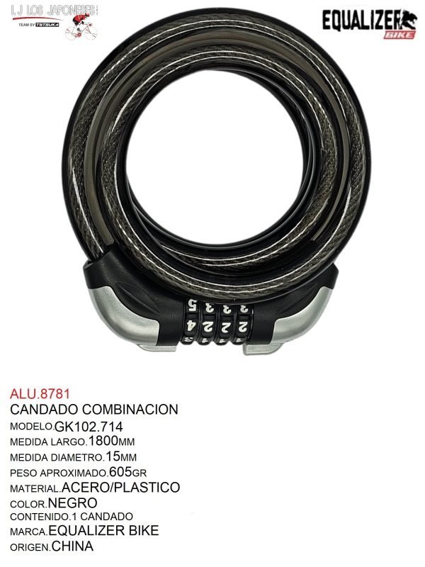 CANDADO COMBINACION C/FORRO 15X1800MM  GK102.714 EQUALIZER BIKE