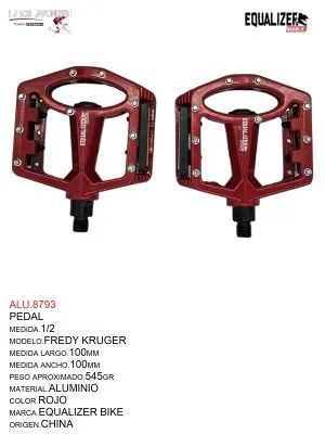 ALU.8793 Pedales 1/2, Modelo Fredy Kruger, Color Rojo, Marca Equalizer Bike