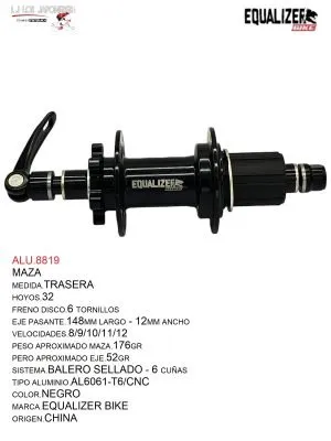 ALU.8819 MAZA TRASERA EJE PASANTE, 32H 12X148MM FRENO DISCO 6 TORNILLOS 8/9/10/11/12 VEL C/B BALERO SELLADO SISTEMA 6 CUÑAS EQUALIZER BIKE NEGRO