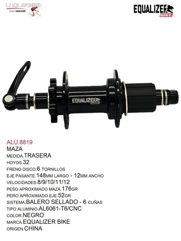MAZA TRASERA EJE PASANTE, 32H 12X148MM FRENO DISCO 6 TORNILLOS 8/9/10/11/12 VEL C/B BALERO SELLADO SISTEMA 6 CUÑAS  EQUALIZER BIKE NEGRO