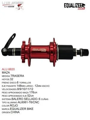 ALU.8820 MAZA TRASERA EJE PASANTE, 32HX14G, 12X148MM C/B BALERO SELLADO EQUALIZER BIKE ROJO