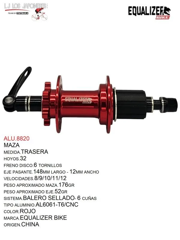MAZA TRASERA EJE PASANTE, 32HX14G, 12X148MM C/B BALERO SELLADO EQUALIZER BIKE ROJO