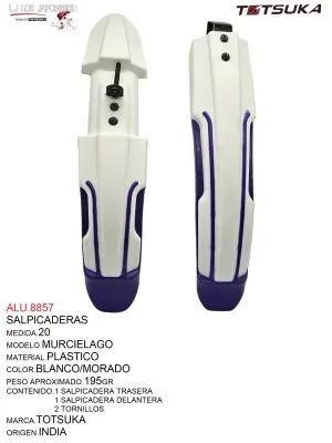 SALPICADERA  PLASTICO RODADO  20  MODELO  MURCIELAGO   BLANCO CON MORADO