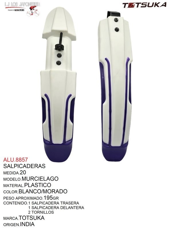 ALU.8857 SALPICADERA PLASTICO RODADO 20 MODELO MURCIELAGO BLANCO CON MORADO