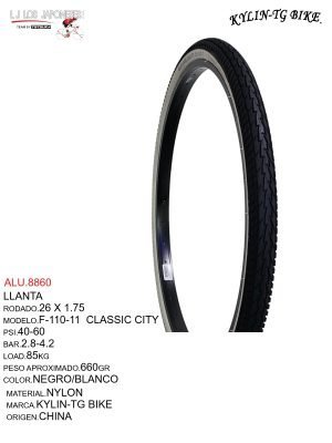 LLANTA 26X1.75  NEGRO/BLANCO KYLIN-TG BIKE F-110