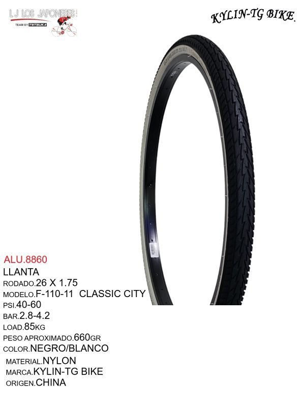 ALU.8860 LLANTA 26X1.75 NEGRO/BLANCO KYLIN-TG BIKE F-110
