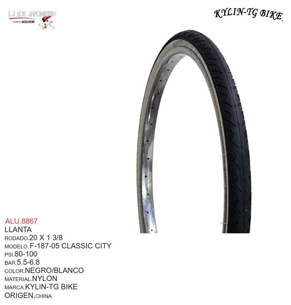 ALU.8867 LLANTA 20X1 3/8 NEGRO/BLANCO F-187 KYLIN-TG BIKE