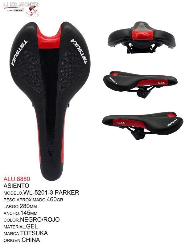 ALU.8880 ASIENTO MTB PARKER WL-5201-3 MARCA TOTSUKA COLOR NEGRO/ROJO GEL