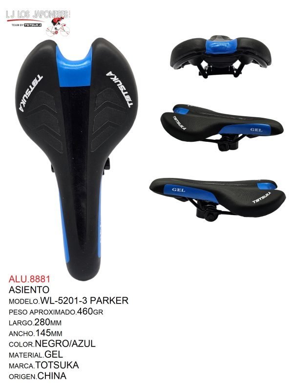 ASIENTO MTB PARKER WL-5201-3 MARCA TOTSUKA COLOR NEGRO/AZUL GEL