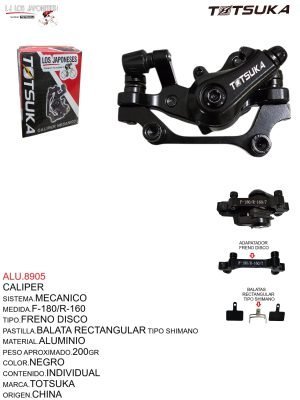 CALIPER MECANICO MARCA TOTSUKA PARA DISCOS DE 160 Y 180MM CON BALATA TIPO SHIMANO MT200 NEGRO Y CON ADAPTADOR