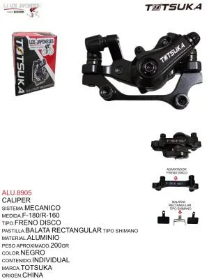 ALU.8905 CALIPER MECANICO MARCA TOTSUKA PARA DISCOS DE 160 Y 180MM CON BALATA TIPO SHIMANO MT200 NEGRO Y CON ADAPTADOR