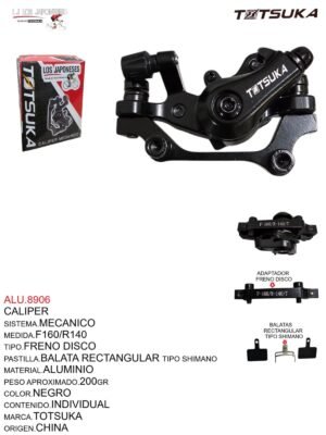CALIPER MECANICO F160/R140 BALATA RECTANGULAR T/SHIMANO TOTSUKA NEGRO 182GR