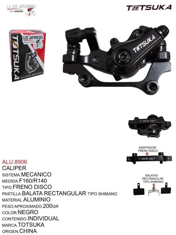ALU.8906 CALIPER MECANICO MARCA TOTSUKA PARA DISCOS DE 160 Y 140MM CON BALATA TIPO SHIMAN NEGRO Y CON ADAPTADOR