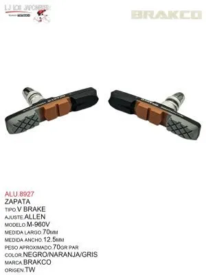 ALU.8927 ZAPATA V BRAKE MTB 70mm 91V/829 BRAKCO PAR TW NEGRO/GRIS/NARANJA