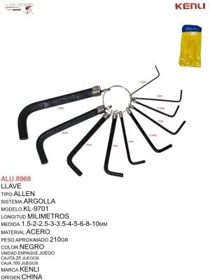 ALU.8968 LLAVE ALLEN ARGOLLA 2-10 KL-9701 JUEGO 10 PZAS KENLI NEGRO