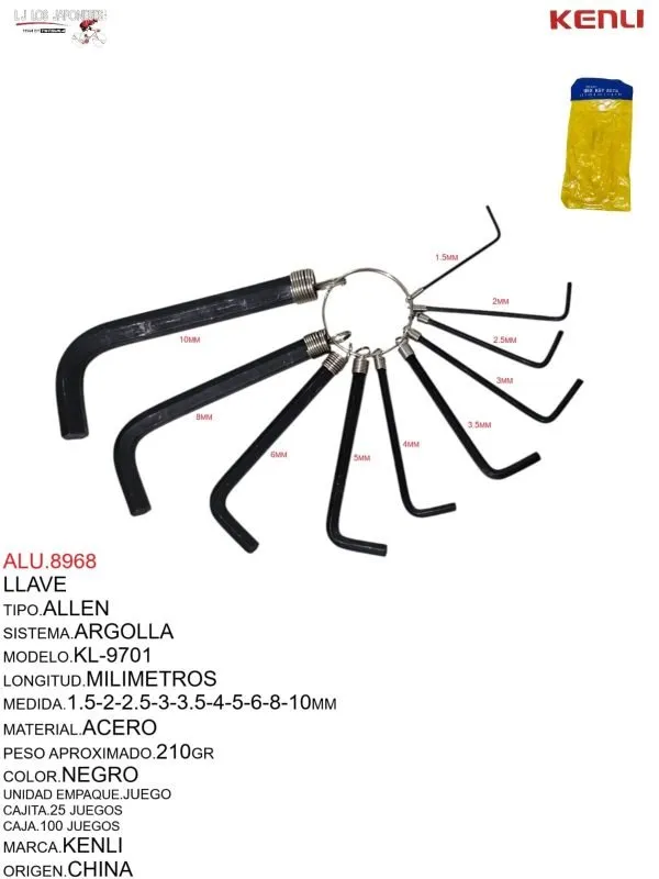 LLAVE ALLEN ARGOLLA  2-10 KL-9701 JUEGO 10 PZAS KENLI  NEGRO