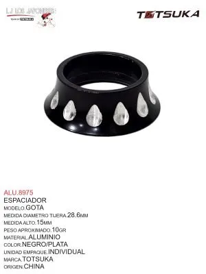 ESPACIADOR 1 1/8" CON GOTAS 21MM NEGRO  ALUMINIO C/U  TOTSUKA