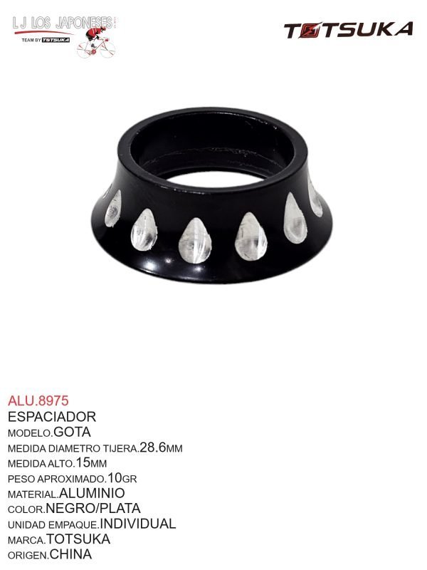 ALU.8975 ESPACIADOR 1 1/8" CON GOTAS 21MM NEGRO ALUMINIO C/U TOTSUKA