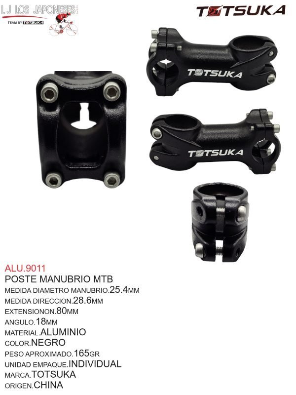 ALU.9011 POSTE MANUBRIO MTB 25.4X80MM +15°ALUMINIO NEGRO TOTSUKA