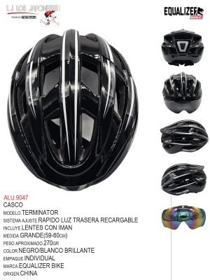 CASCO MTB MODELO TERMINATOR MARCA EQUALIZER LUZ RECARGABE NEGRO/BLANCO
