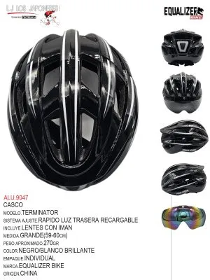 CASCO MTB MODELO TERMINATOR MARCA EQUALIZER LUZ RECARGABE NEGRO/BLANCO