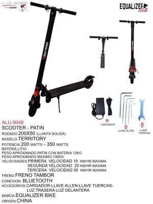 ALU.9048 Scooter eléctrico modelo Territory, potencia de 200W-350W, batería de litio. Velocidades hasta 30 km/hr. Incluye freno de tambor y conexión Bluetooth.