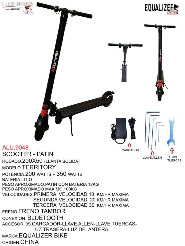 Scooter eléctrico modelo Territory, potencia de 200W-350W, batería de litio. Velocidades hasta 30 km/hr. Incluye freno de tambor y conexión Bluetooth.