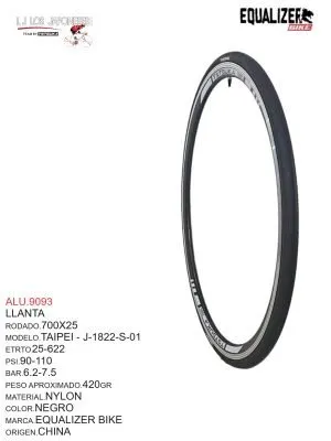 ALU.9093 LLANTA 700X25C NEGRO MODELO TAIPEI MARCA EQUALIZER
