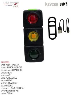 LUZ TRASERA  MARCA KEYZER   MODELO FLUORINE FS013  80lm//7 modos de flash/3leds impermeable/batería de litio