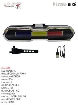 LUZ TRASERA  MARCA KEYZER   MODELO POLONIUM  FS03  3 modos de flash/COBLED3 colores/batería de litio
