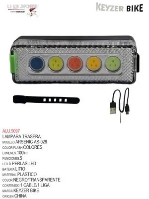 LUZ TRASERA  MARCA KEYZER   MODELO  ARSENIC FS026 Luz colorida de 5 colores de 100 lúmenes/5 modos de flash-bateria de litio