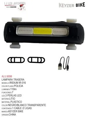 LUZ TRASERA  MARCA KEYZER   MODELO IRIDIUM   FS016 110lm TRICOLOR /5 modos de flash/16 cta/colores
