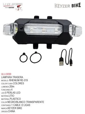 LUZ TRASERA  MARCA KEYZER   MODELO RHENIUM  FS019  20lm/5 modelos de color/3 modos de flash/5 cuentas LED/batería de litio