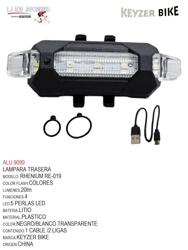 ALU.9099 LUZ TRASERA MARCA KEYZER MODELO RHENIUM FS019 20lm/5 modelos de color/3 modos de flash/5 cuentas LED/batería de litio