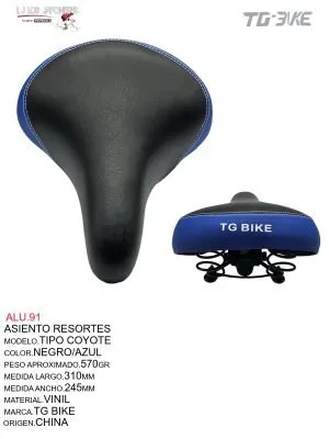 ALU.91 Asiento Resorte Tipo Coyote. Versión con detalles en color negro y azul. Medidas de largo: 245mm y ancho: 215mm. Confeccionado en vinil duradero, este asiento combina confort y estilo. Peso aproximado de 545g. Marca Totsuka, origen China. Perfecto para ciclistas que buscan estilo y funcionalidad.