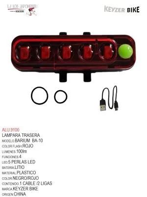 LUZ TRASERA  MARCA KEYZER   MODELO BARIUM   FS10  Luz colorida de 5 colores de 100 lúmenes/5 modos de flash-bateria de litio