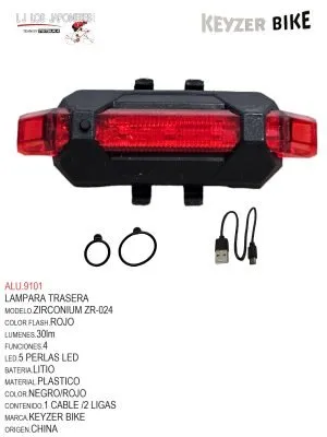 LUZ TRASERA  MARCA KEYZER   MODELO  ZIRCONIUM FS024  30lm/5 modelos de color/3 modos de flash/5 cuentas LED/bateria de litio